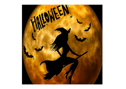 Firkantet sukkerprint med heks på kost, gylden fuldmåne, flagermus og teksten HALLOWEEN
