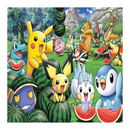 Kvadratisk Pokémon-inspireret kageprint med Pikachu, venner, skov og frugt