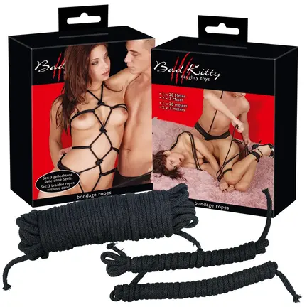Bad Kitty Naughty Toys Bondage Ropes – bløde sorte reb til bondage, shibari og fiksering, fleksibelt og hudvenligt materiale til dominans og sanseleg.