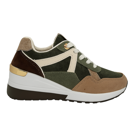 Damesneaker i grøn, beige og brun med kilehæl og gulddetalje