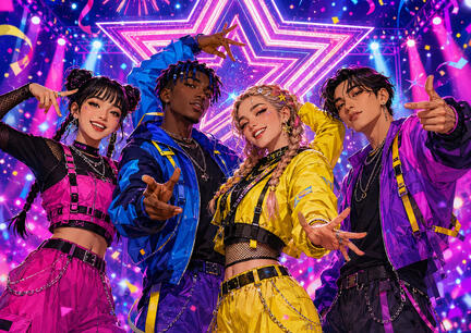 K-pop sukkerprint A3 med farverigt storby-dansehold til stor festkage