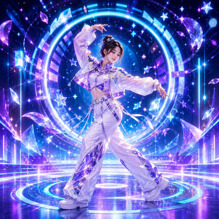 Kvadratisk K-pop sukkerprint med cyberlilla solodanser i cirkulær neonportal