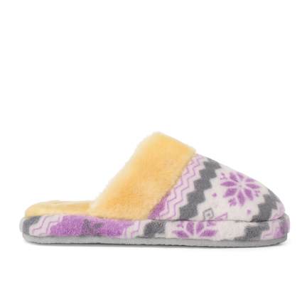 Hjemmesko med blødt pelsfor og lilla/grå nordisk mønster i slip-on design.