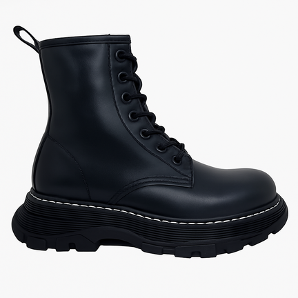 Chunky sort dame støvle i glat læder med plateau-sål og snørebånd set fra siden