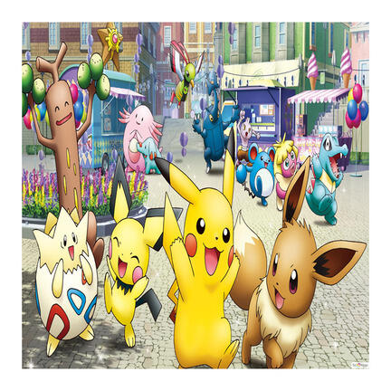 Kvadratisk Pokémon-inspireret kageprint med Pikachu, Evoli og venner i farverig by