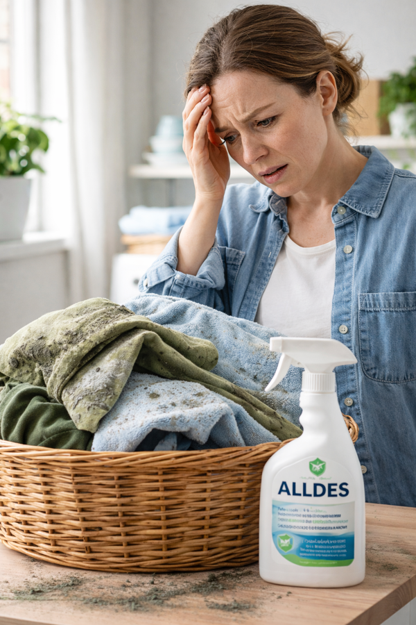 viser en fortvivlet mor der ser på sit vasketøj med skimmelsvamp. Heldigvis står der en flaske ALLDES der kan redde det hele