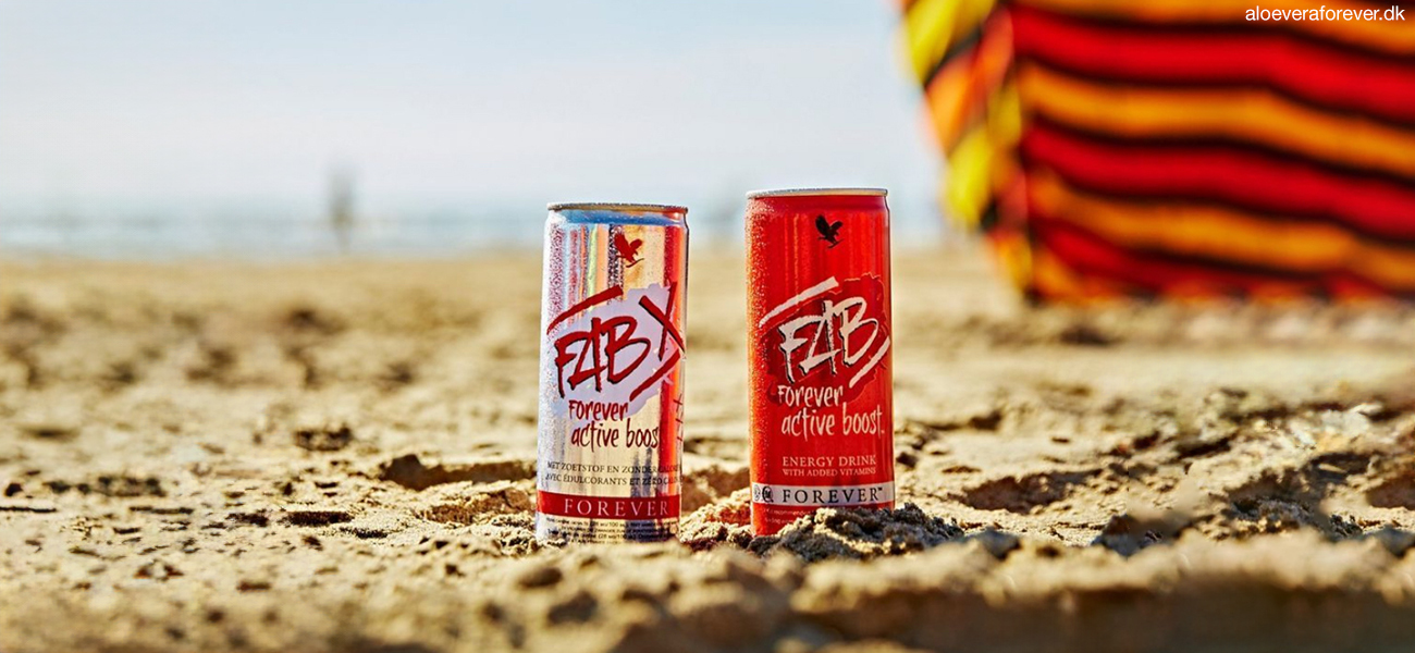 FAB og FABX Forever Active Boost energidrikke på stranden