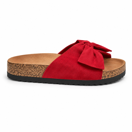 Rød slip-on sandal dame med sløjfe og korksål komfort sommersko