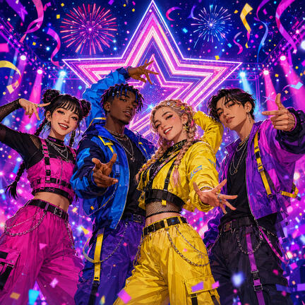 Kvadratisk K-pop sukkerprint med fire farverige dansere, neonstjerne og storbylys