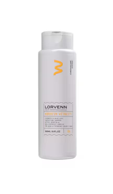 Keratin Vitality Shampoo til fint og farvet hår – styrker og genopbygger håret med keratin og provitamin B5.