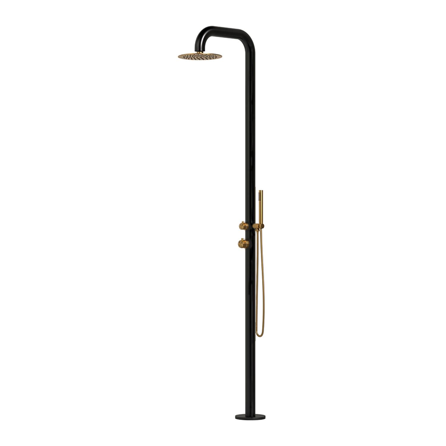 Sined PULA DUO NERA ORO – Freistehende Außendusche aus AISI 316L Edelstahl – Schwarz/Messing – Handbrause – Warm- und Kaltwasser
