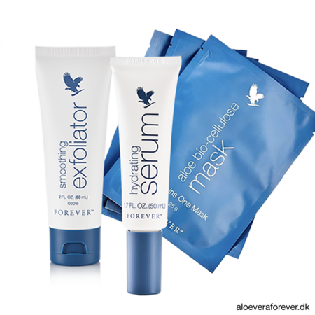 smoothing exfoliator, hydrating serum og aloe bio-cellulose mask - sampak