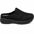 Sort BellaMila slip-on mule med åben hæl, tekstiloverdel og komfortabel sort sål vist ovenfra på hvid baggrund.