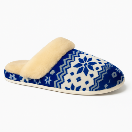 Dame sutsko i blå/hvidt mønster med beige pelskant