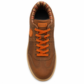 Dike Heritage Brown S3 sikkerhedssko i cognacbrunt design med orange snørebånd, komfortsål og karakteristiske Dike-detaljer vist ovenfra på hvid baggrund.