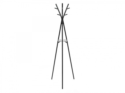 En sort, minimalistisk knagerække med stativbund og flere vinklede kroge øverst. Stativet har et slankt og moderne design sat mod en almindelig hvid baggrund.