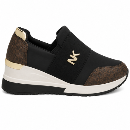 Dameslip-on sneaker i sort og brun med gulddetaljer og NK-logo
