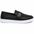 Sort slip-on loafer med gulddetalje og hvid sål Komfort stil