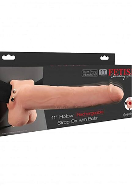 Fetish 11" Hollow Rechargeable Strap-On med realistiske kugler og genopladelig vibrator.