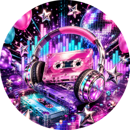Rundt K-pop sukkerprint med pink Y2K-kassette, høretelefoner, equalizer og stjerner