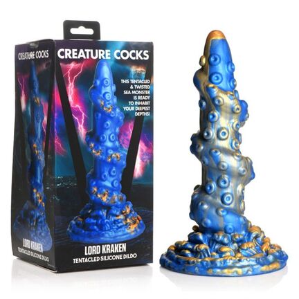 Fantasy-dildo i silikone med markant struktur og bred sugekop i bunden