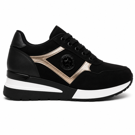 Sort dame sneaker med guld detaljer, blød sål og moderne design