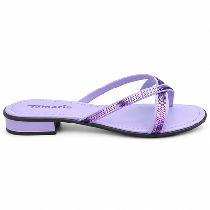 Tamaris lilla klipklap sandal til dame med blank rem og flad sål.
