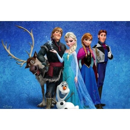 Frozen sukkerprint A4 med Elsa, Anna, Olaf, Kristoff, Hans og Sven på blå vinterbaggrund