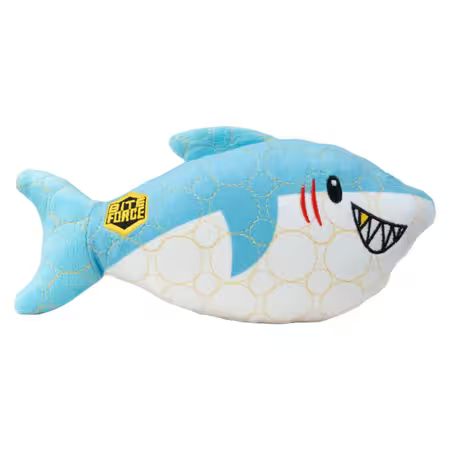 Blå/hvid hajformet hundebamse fra Bite Force – slidstærkt legetøj med lyd til små og mellemstore hunde