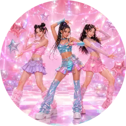 Rundt K-pop sukkerprint med tre Y2K-dansere i pink, lilla og turkis 003