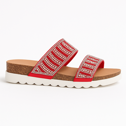 Rød Perlebesat Slidesandal med Glasperler & Rhinsten