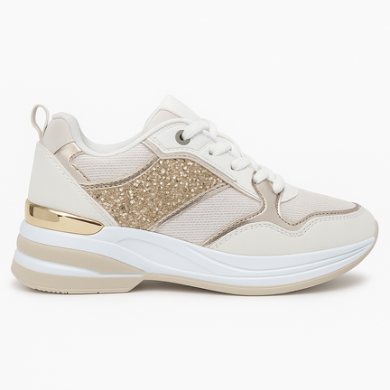 Lys beige wedgesneaker med glitter, blanke gulddetaljer