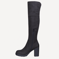 Sort overknee støvle med høj hæl og strømlinet design.