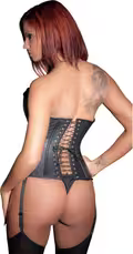 Black Level Leather Corset – sort lammeskindskorset med snøring bagpå, lynlås foran og aftagelige strømpeholdere, kromfrit garvet, luksus fetish design.