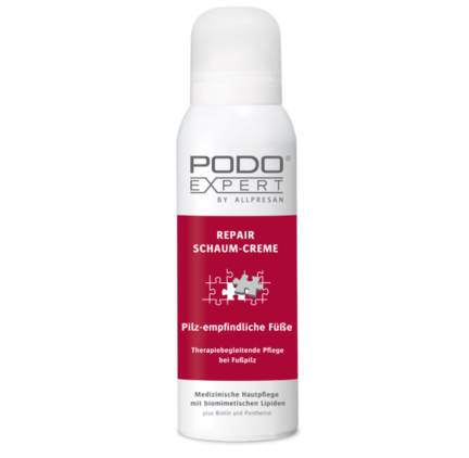 Allpresan Podoexpert Repair Skumcreme – effektiv pleje mod fodsvamp, med Piroctone Olamin og biomimetiske lipider.