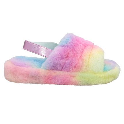 Regnbuefarvet fluffy hjemmesko i faux fur med rosa elastisk hælrem