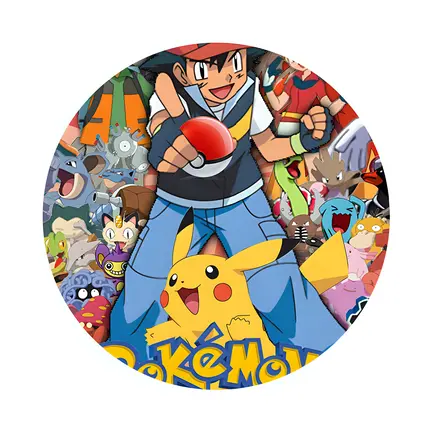 Pokémon-inspireret rundt kageprint med træner og farverigt gruppe motiv til børnefødselsdag og temakage