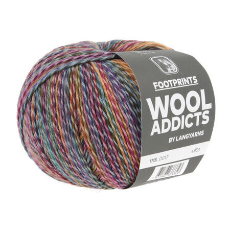 Lang Yarns Wool Addicts Footprints strømpegarn nr. 17 – multifarvet sokkegarn i bomuld og superwash uld med levende farvespil i grøn, blå, rosa og naturtoner