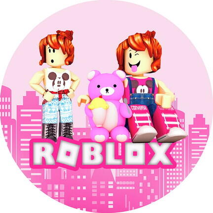 Lyserødt rundt Roblox sukkerprint med to figurer, pink bamse og bymotiv