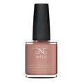 Neglelak flaske med sort låg står centreret. Tekst: "CND VINYLUX™ LONG WEAR POLISH VERNIS À ONGLES LONGUE DURÉE 0.5 FL. OZ./15 mL." Flasken indeholder en brunlig farve.
