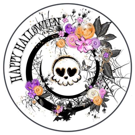 Rundt Halloween sukkerprint med dekorativt kranie, hjerteformede øjne, orange og lilla blomster, spindelvæv og teksten HAPPY HALLOWEEN