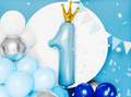 Lyse blå 1 tals folie ballon med krone til helium - 1 års fødselsdags ballon