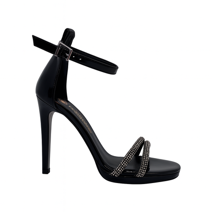 Sort højhælet sandal med glimmerstropper og ankelrem