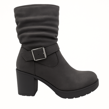 Charcoal grå dame støvle med høj hæl og slouch design