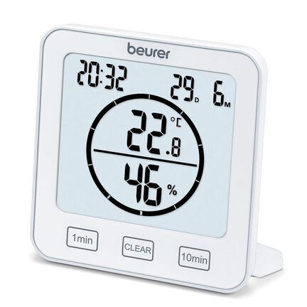 Hygrometer med temperaturmåling, timer og ur