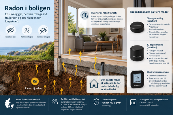 et forklarende billedert der viser hvordan radon kommer ind i en bolig og målemetoder