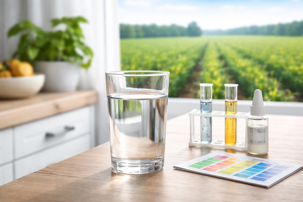 billedet viser et glas vand ved siden af et testkit for nitrat.