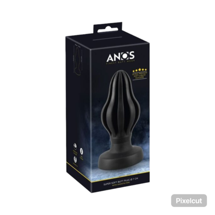 Super Soft Butt Plug Ø 7 i flydende silikone med konisk form, stimulationsriller og kraftig sugebase