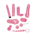 Rosa 9-delt lovetoy sæt med vibrator, dildo, vibroæg, masturbator, penisring, manchet, analkæde og lystkugler