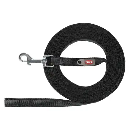 Trixie sporline med gummitråde i sort – skridsikker træningsline til hunde, 15 mm bred